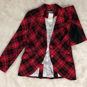 Black and red plaid blazer with leather patches